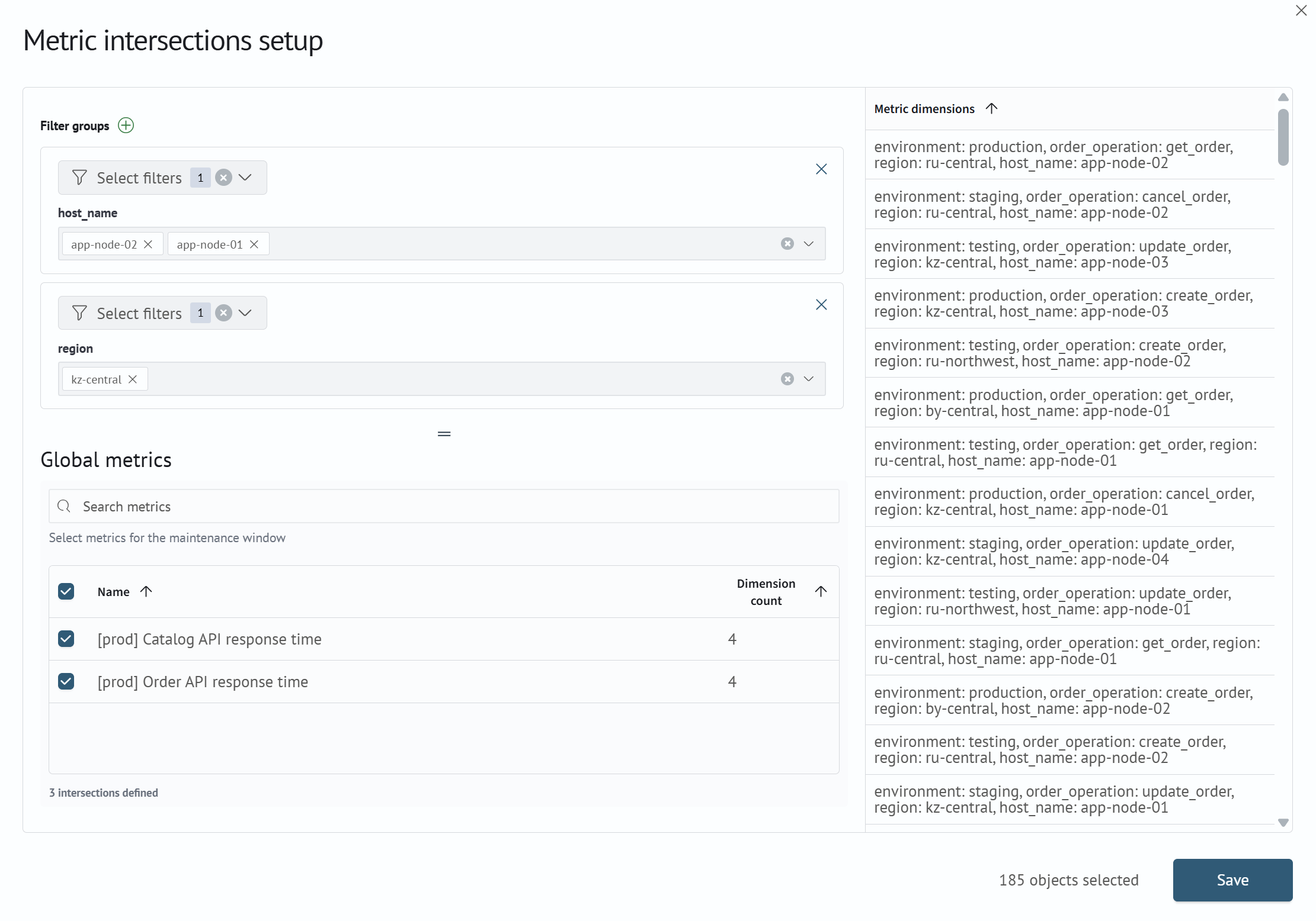 Filter and metric settings