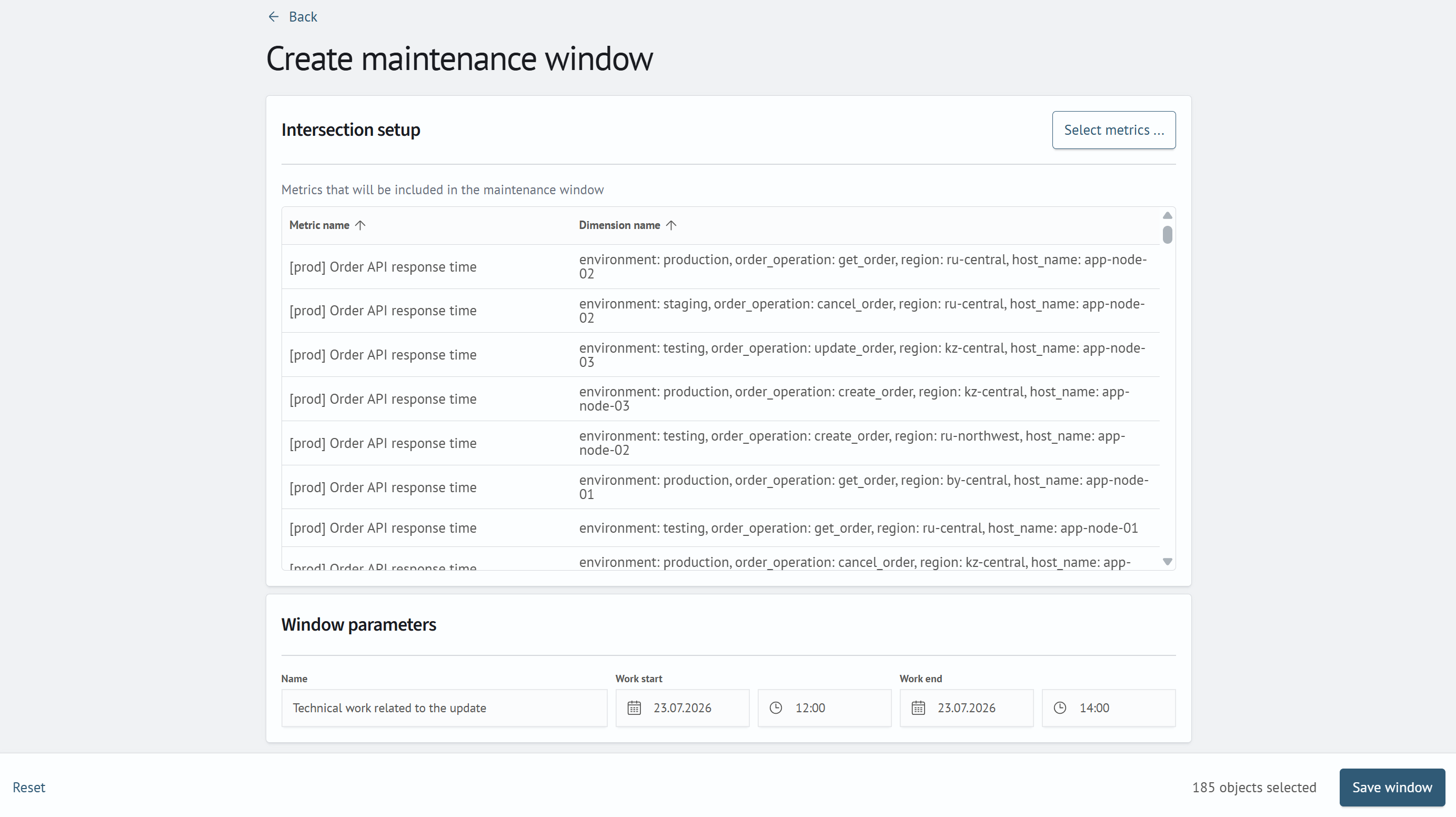 Maintenance window creation page