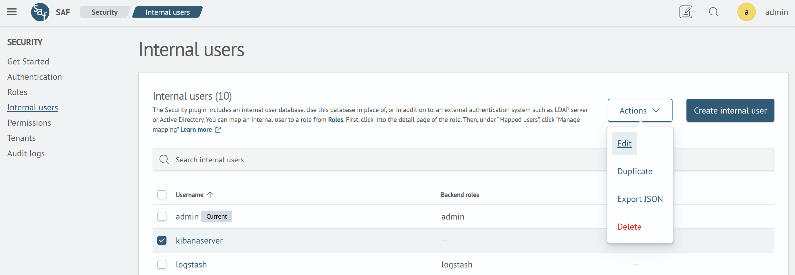 Internal Users Page, Additional Actions