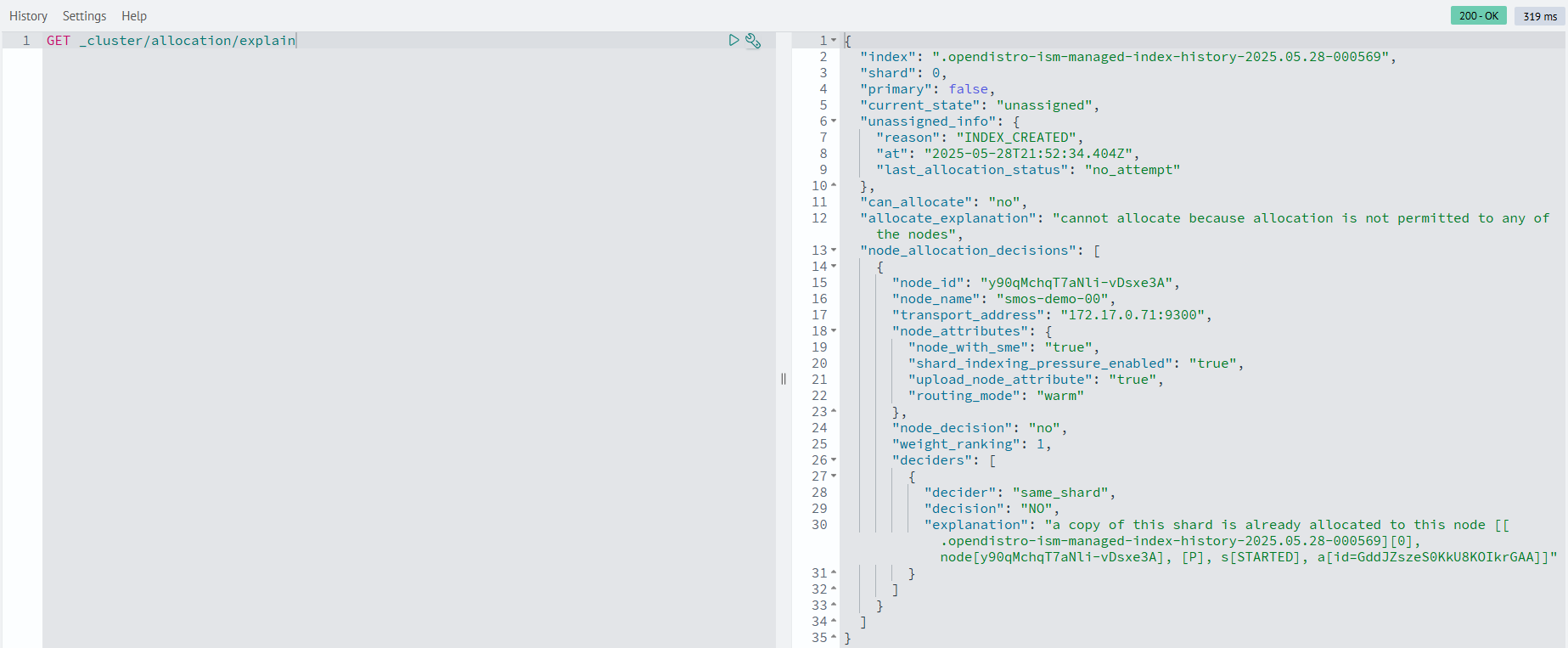 Output of the index command with an incorrect replica configuration