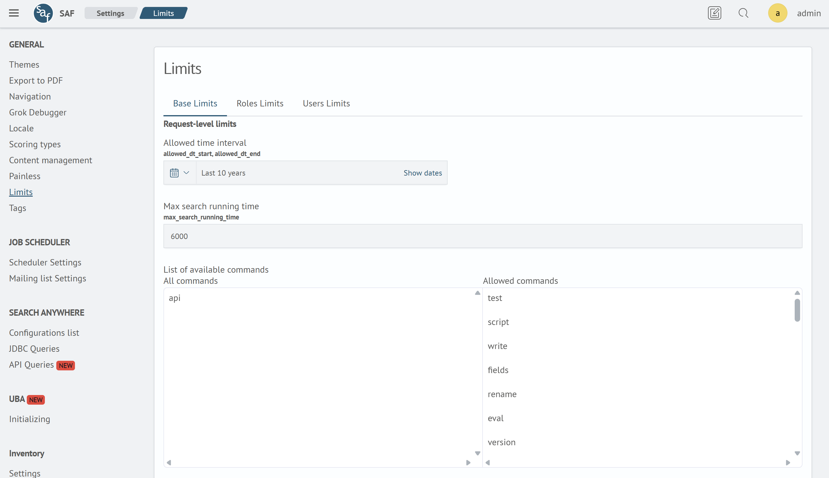 Limits setup interface