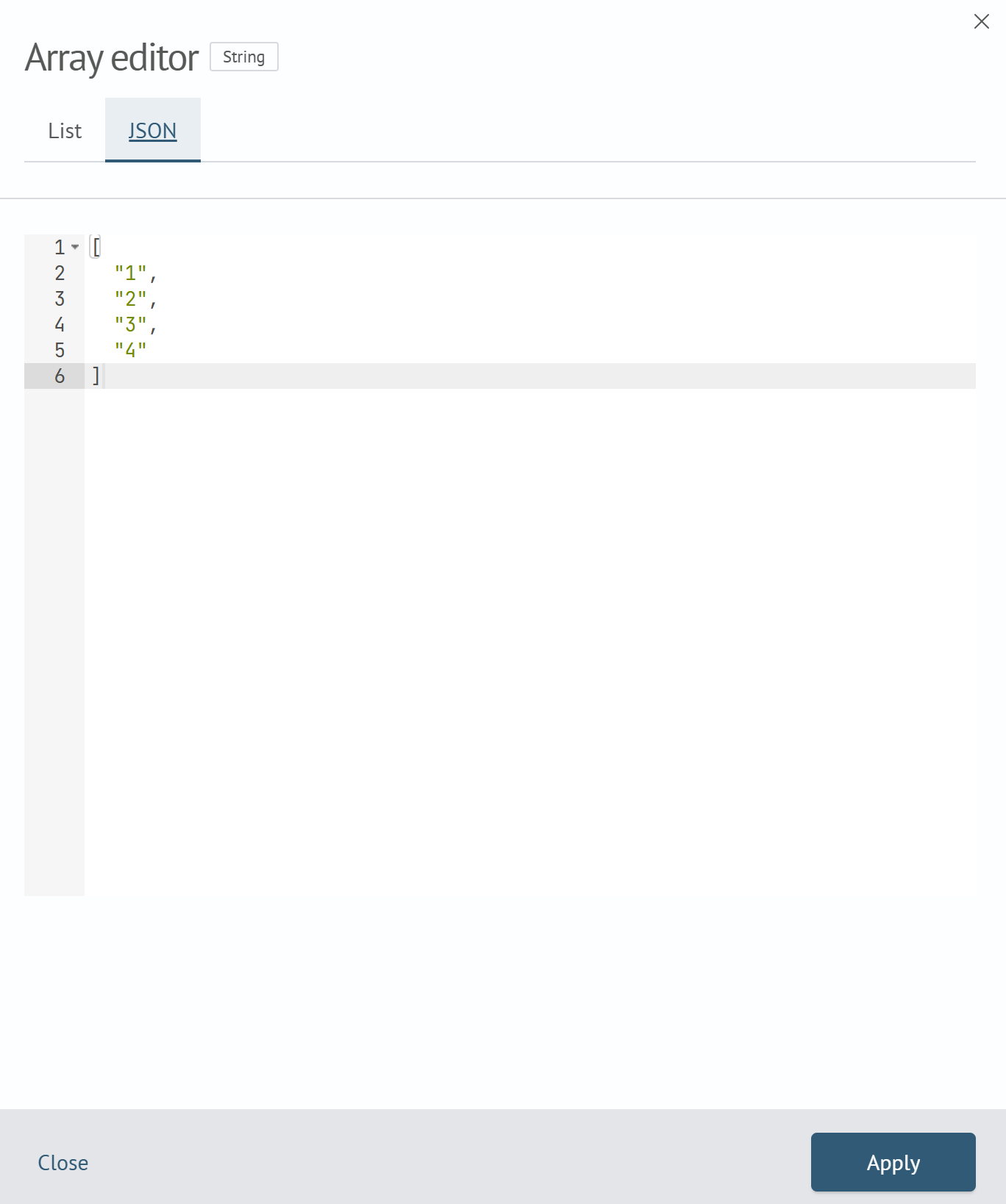 Array editor — JSON tab