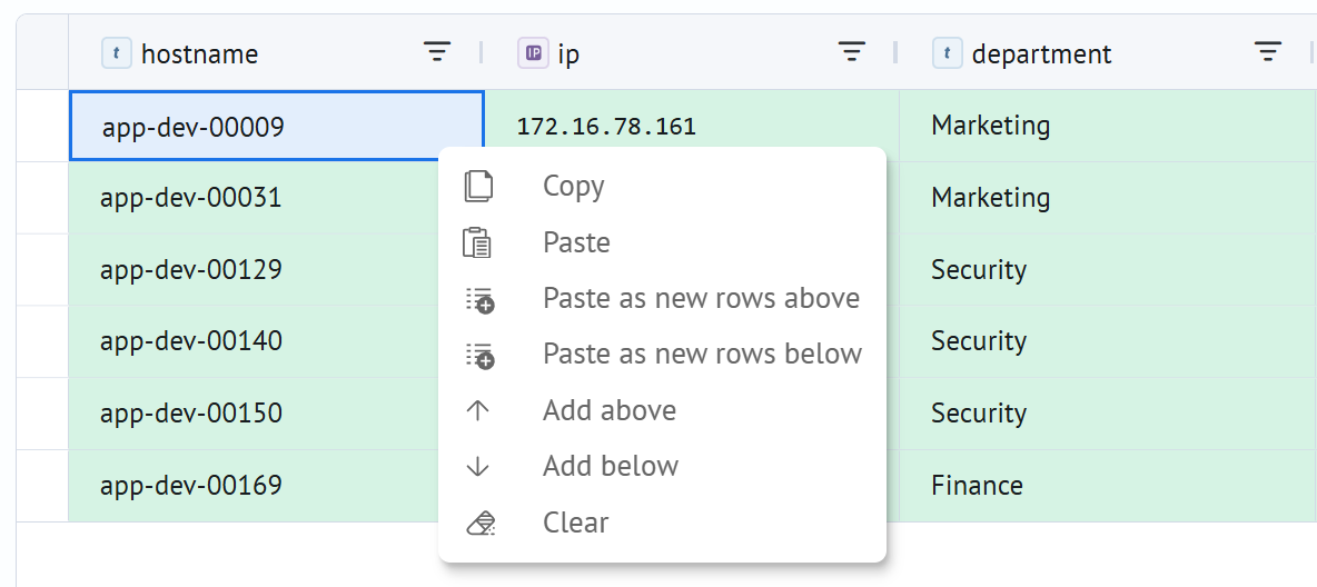 Cell context menu