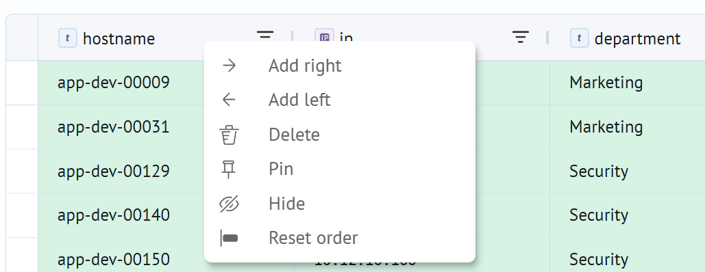 Header context menu