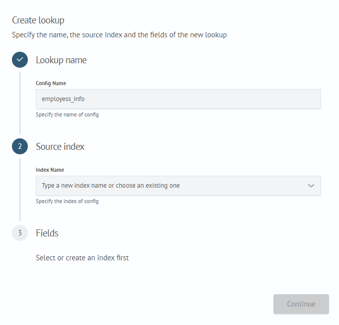 Creation wizard — index selection