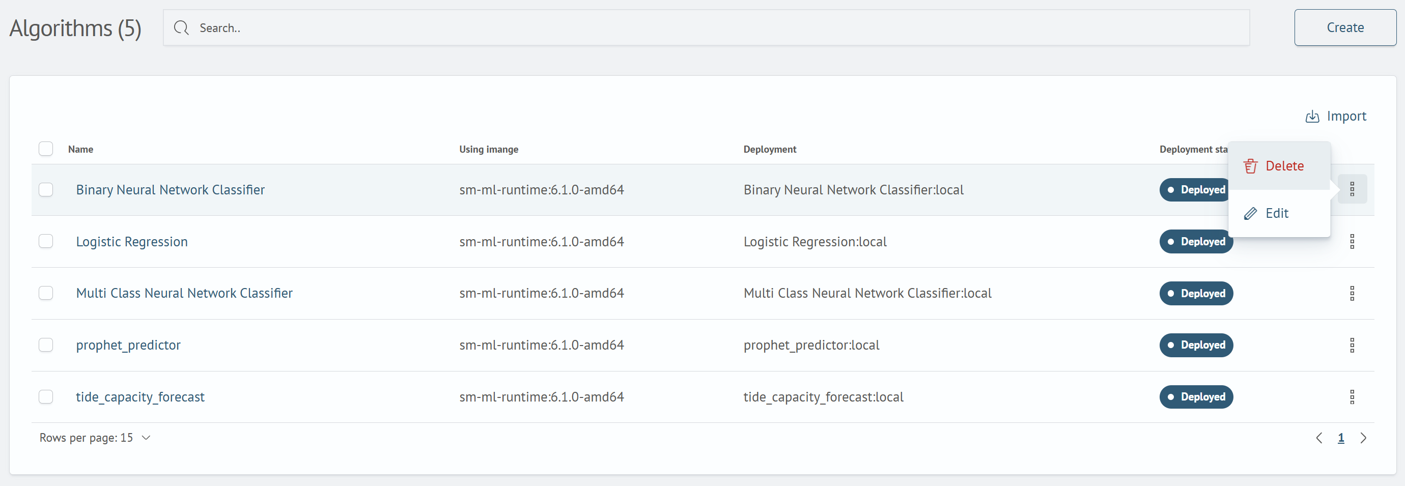 Algorithm actions menu