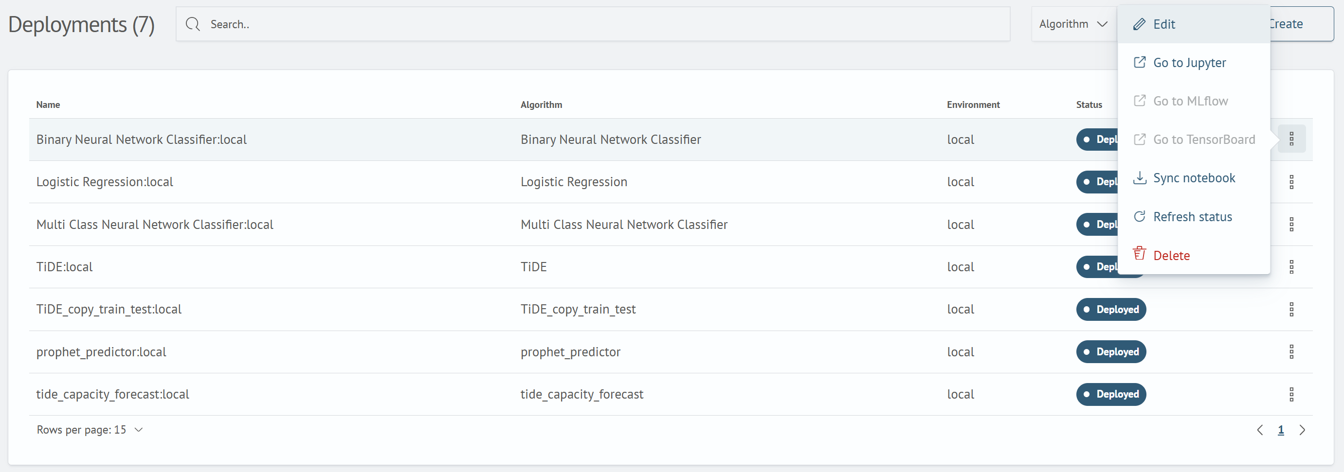 Deployed image actions menu