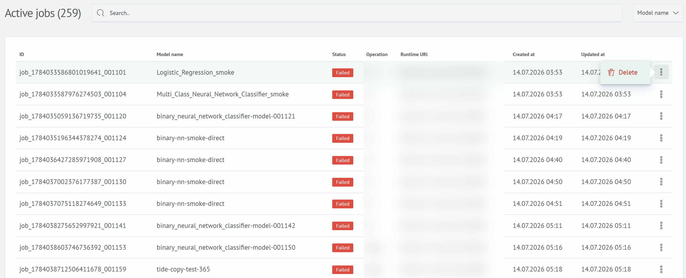 Job actions menu