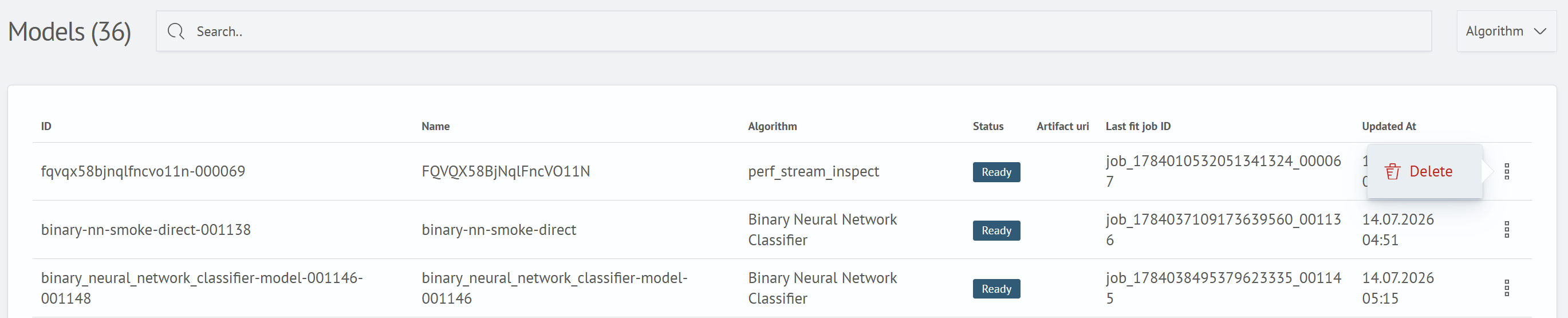 Model actions menu