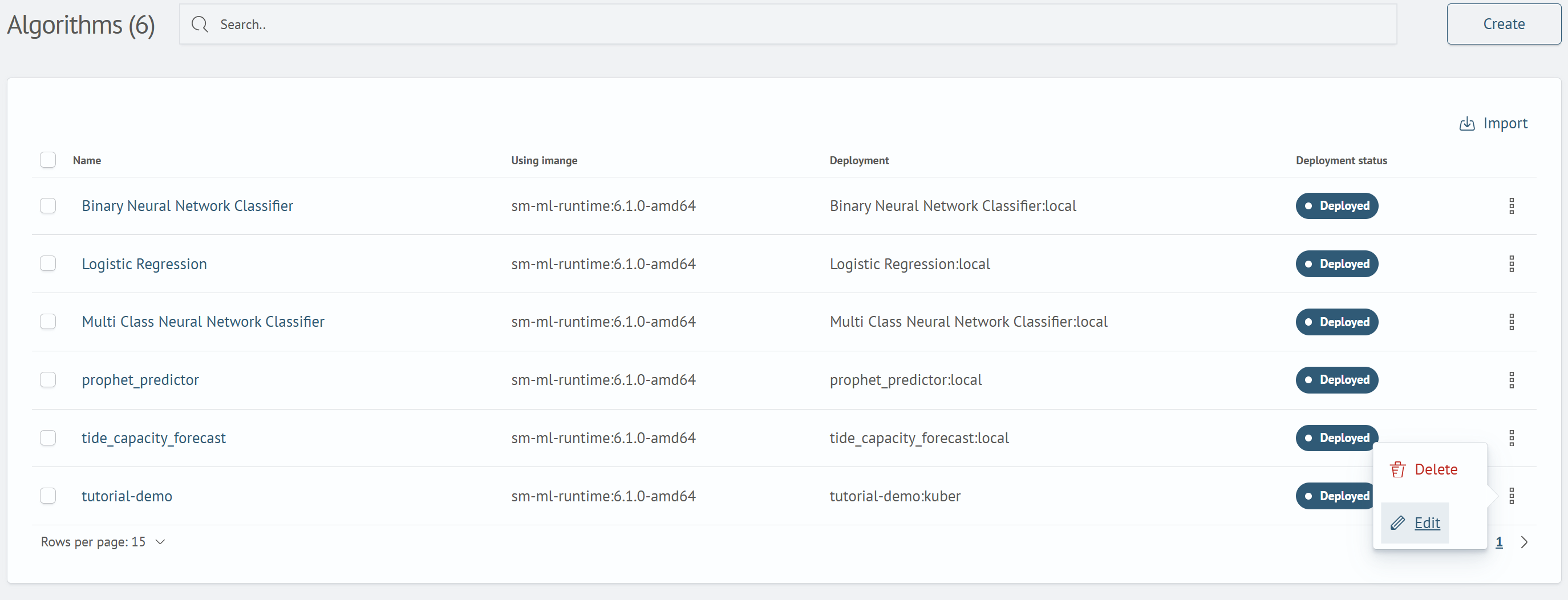 Algorithm actions menu