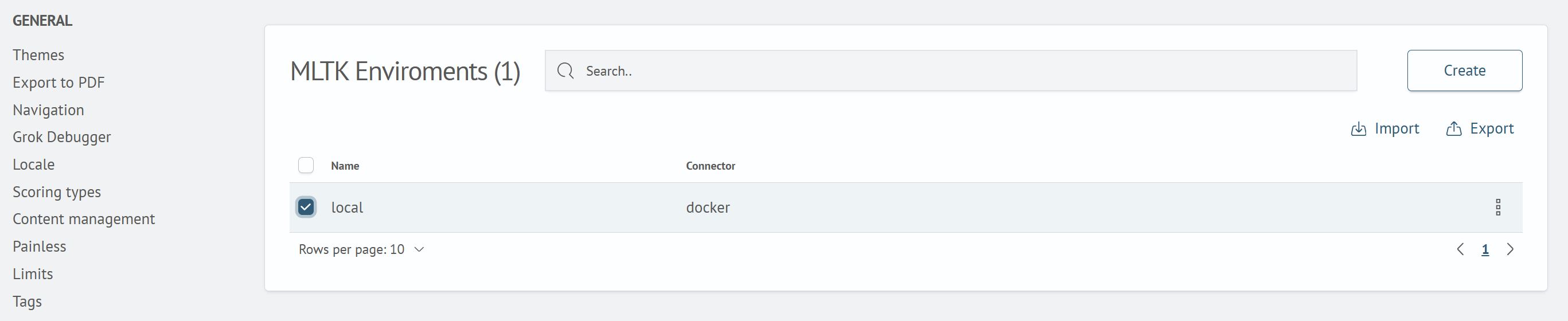 Selected environment and the Export button