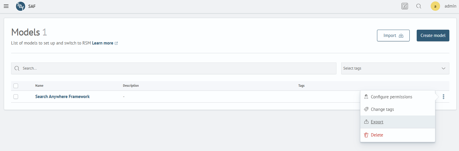 Model context menu with export item