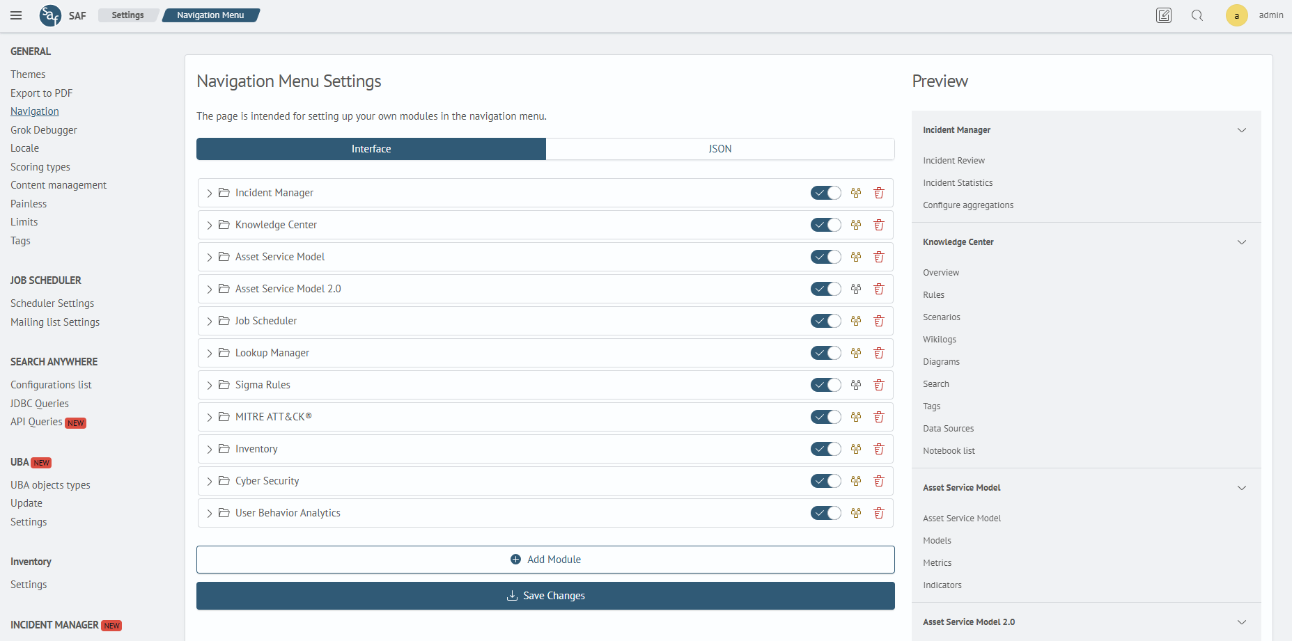 Navigation menu settings page