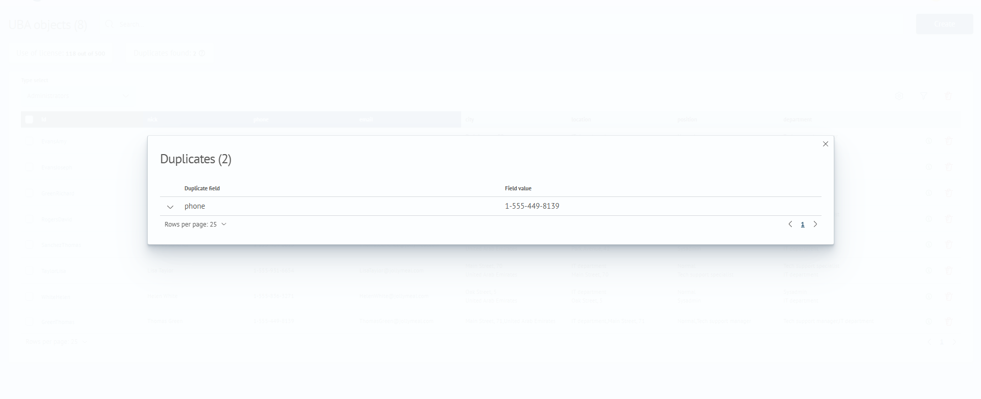 Modal window for the list of duplicates