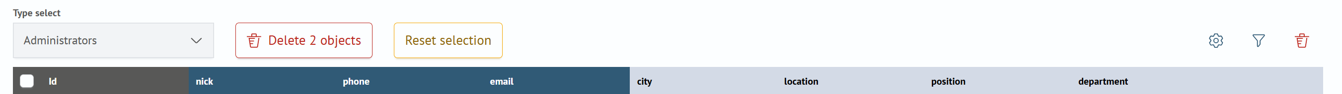 Panel above the object table