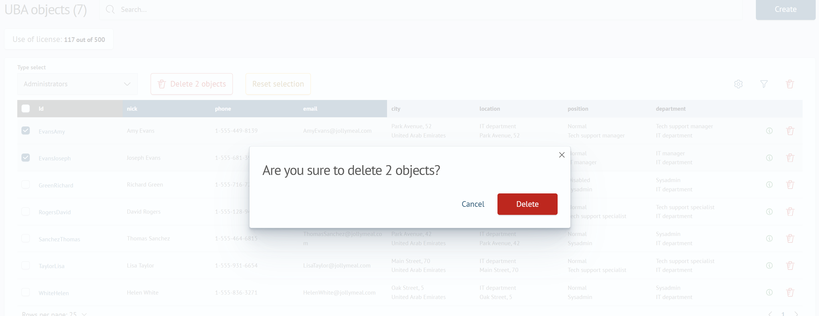 Confirmation modal window for deleting multiple objects