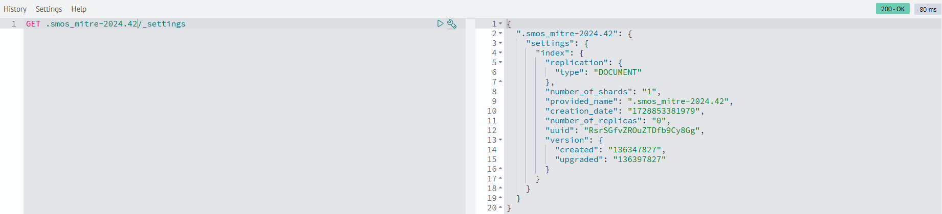 Output of the detailed information command on the index parameters