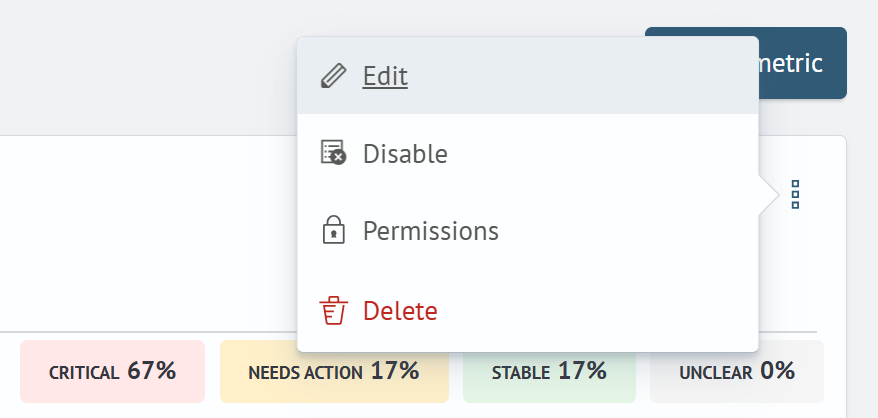 Metric actions menu