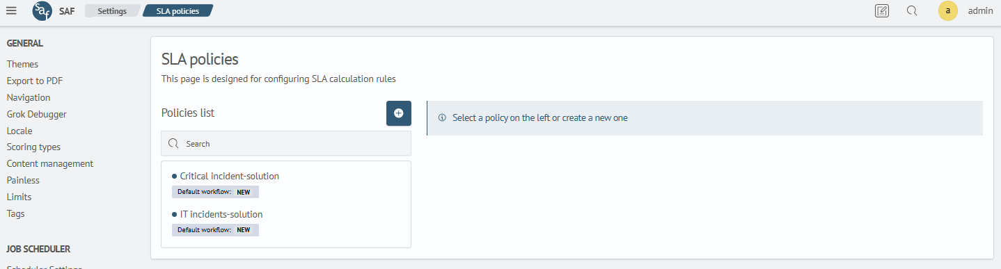 SLA policy settings page