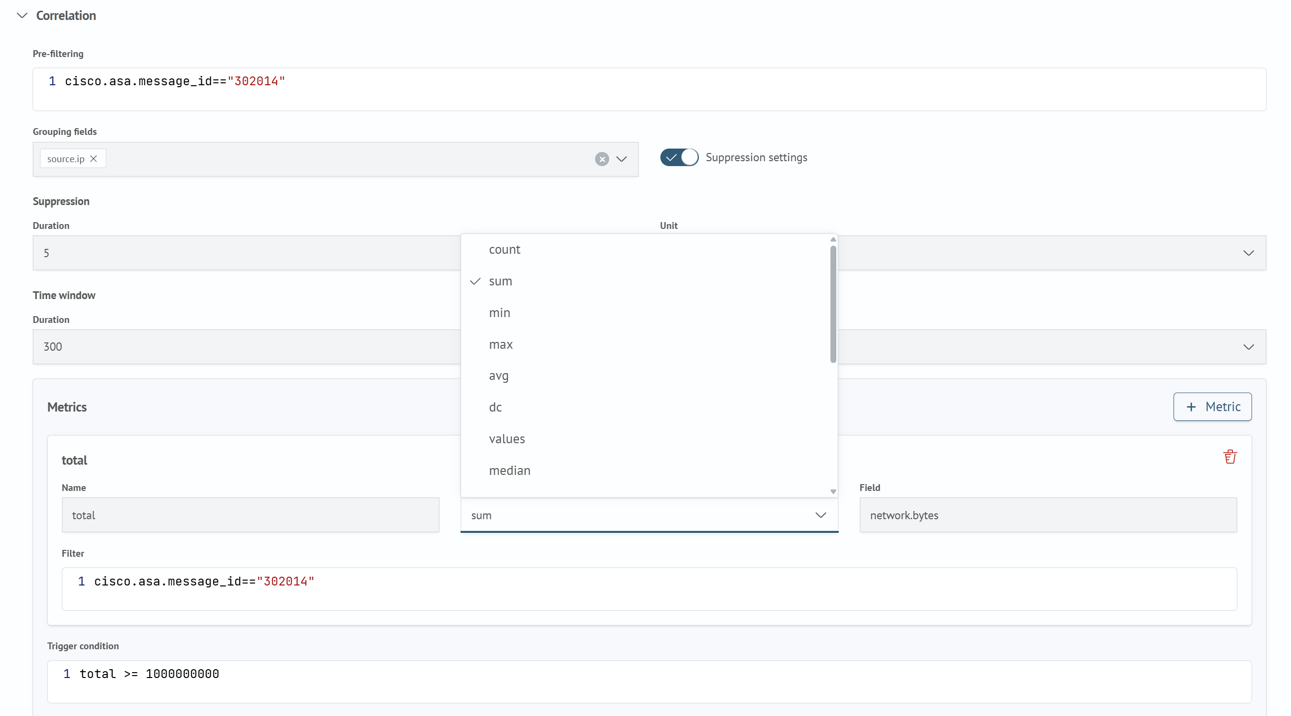 Aggregation metric functions