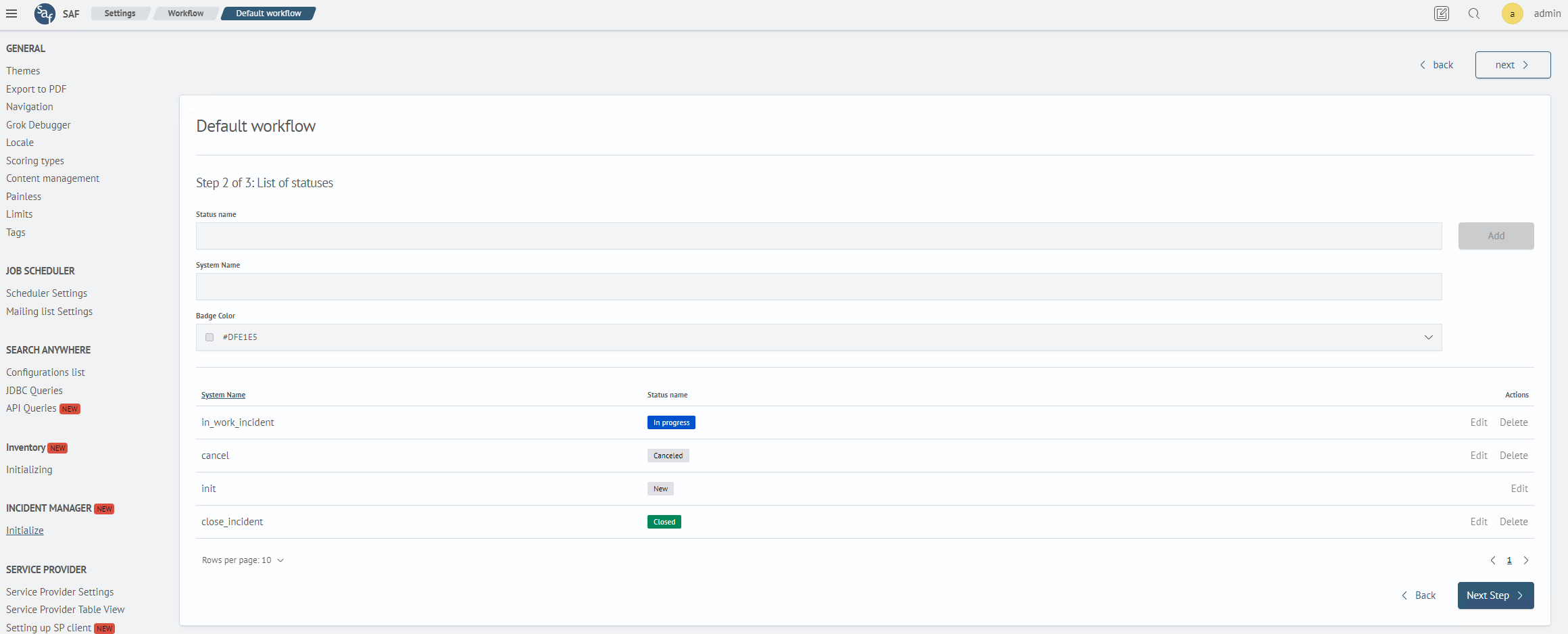 Configuring workflow statuses