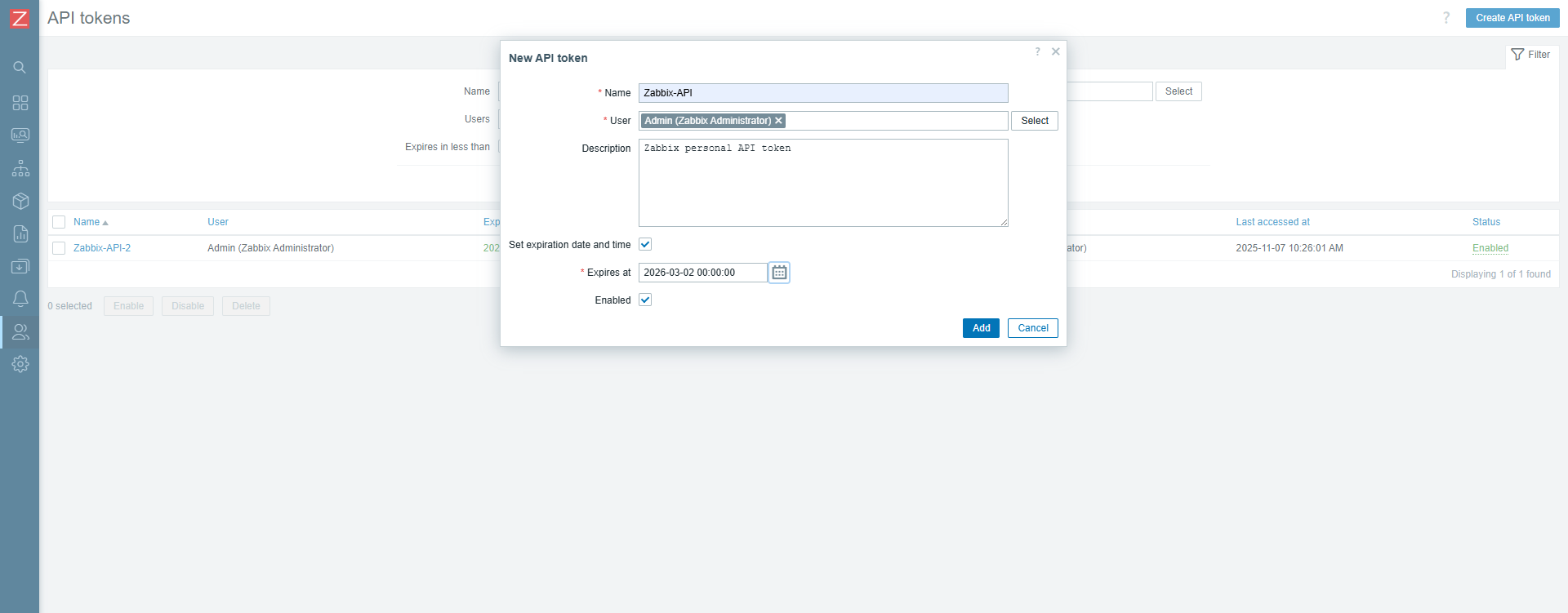 Configuring the Zabbix API Token
