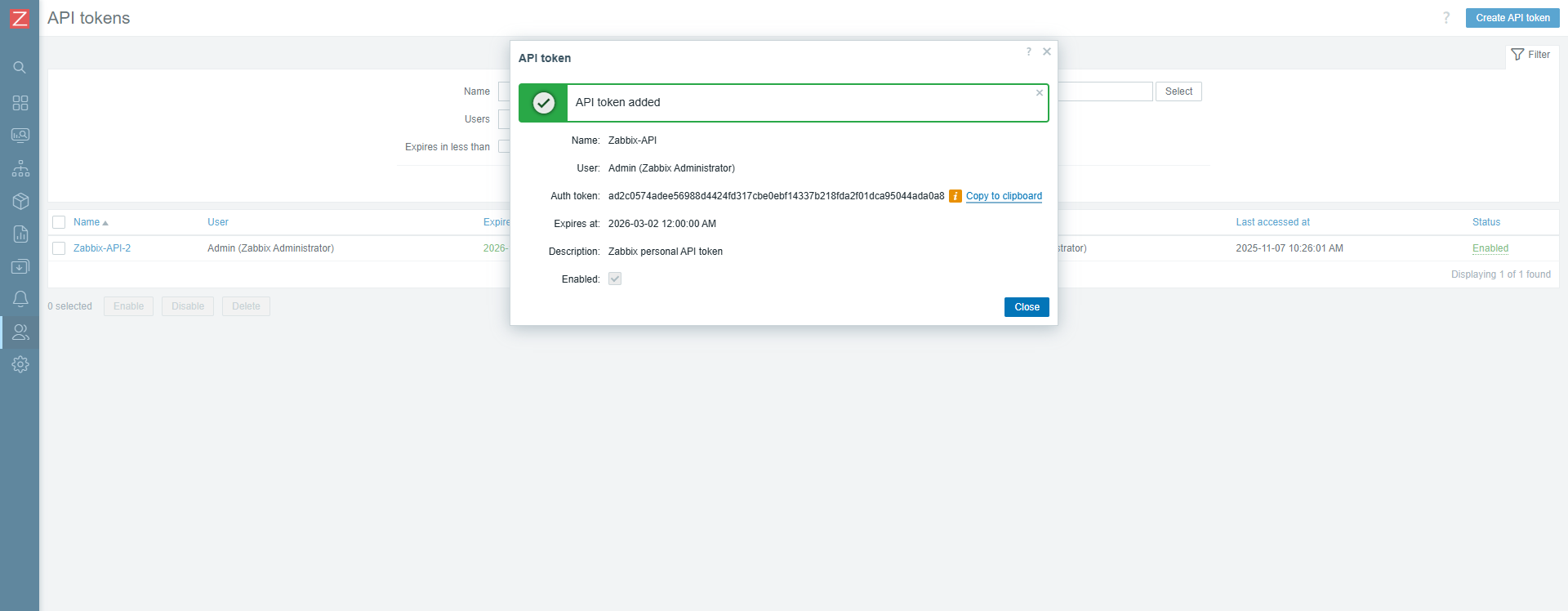 Creating the Zabbix API Token